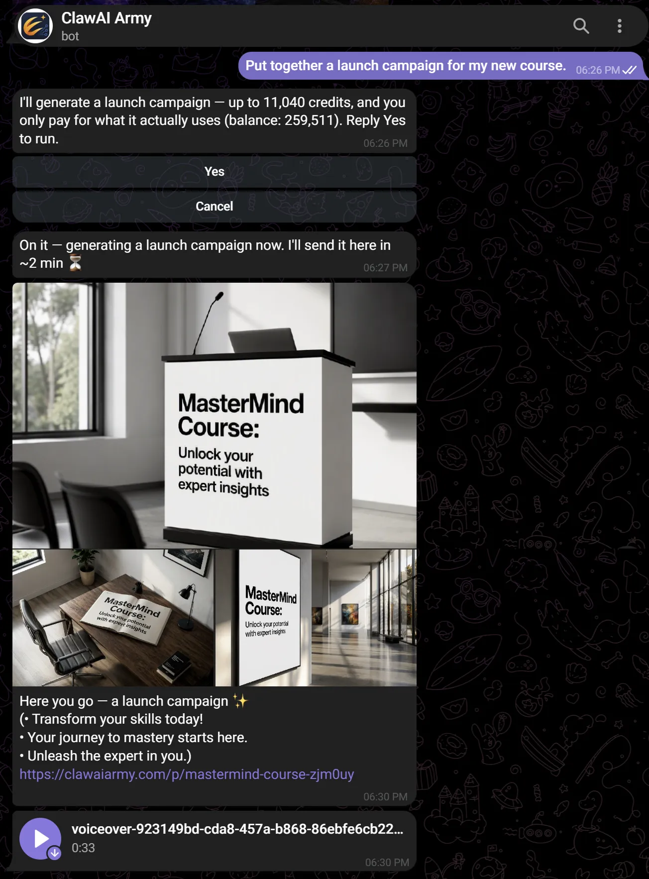 Example generated campaign delivered in chat